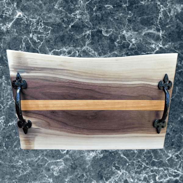 Black Walnut Charcuterie Board with Cherry Wood Accent Stripe, Wrought Iron Handles, & Clear Rubber Grip Feet - Springhill Millworks