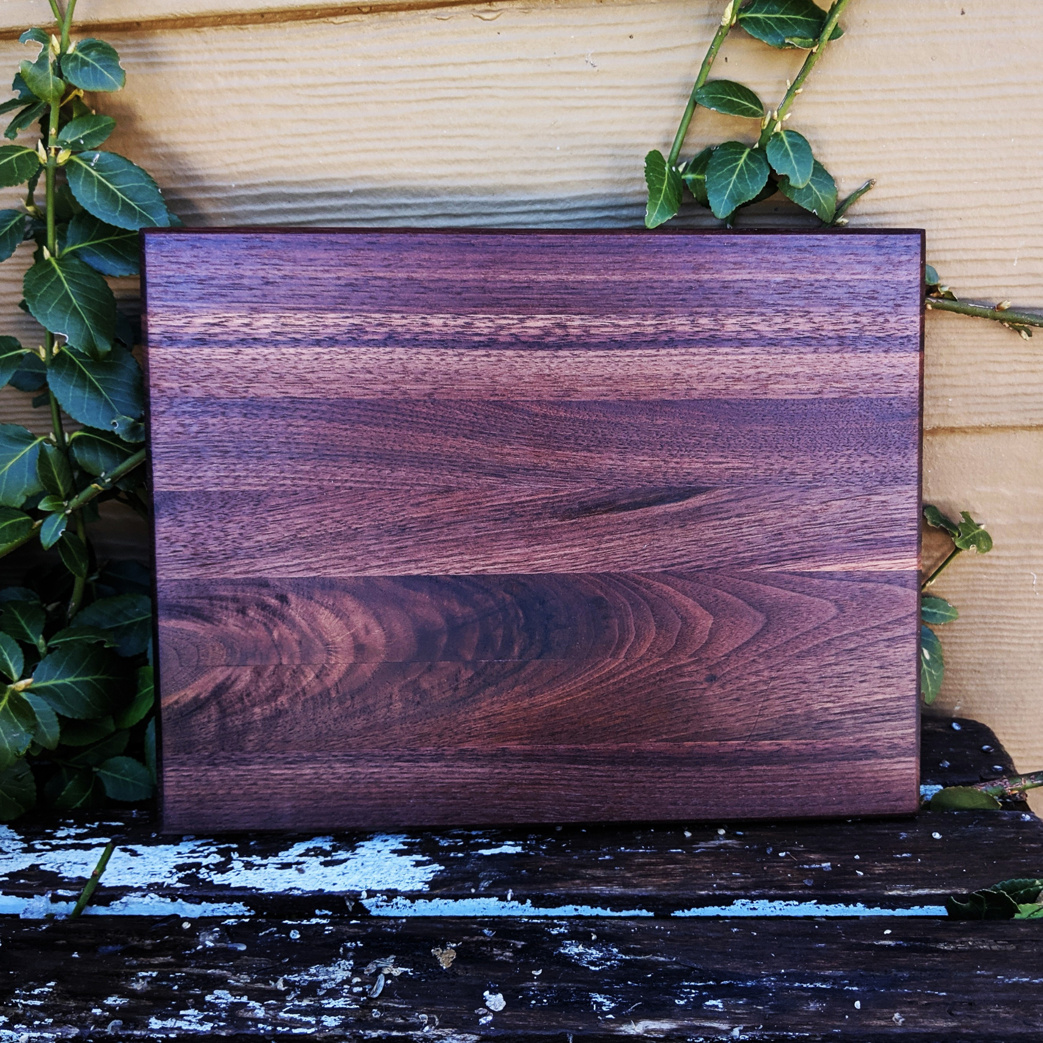 Front view of black walnut edge grain cutting board with hand grooves and beveled edge