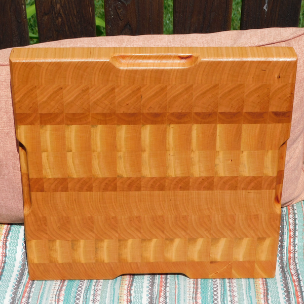 Cherry Wood End Grain Cutting Board with Hand Grooves on All Four Sides and Beveled Edge