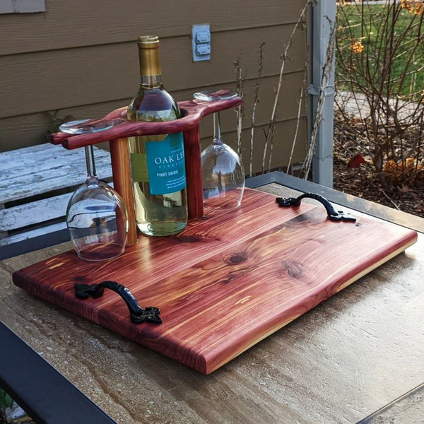 Red Cedar Wine Charcuterie Board with Two Wine Glasses