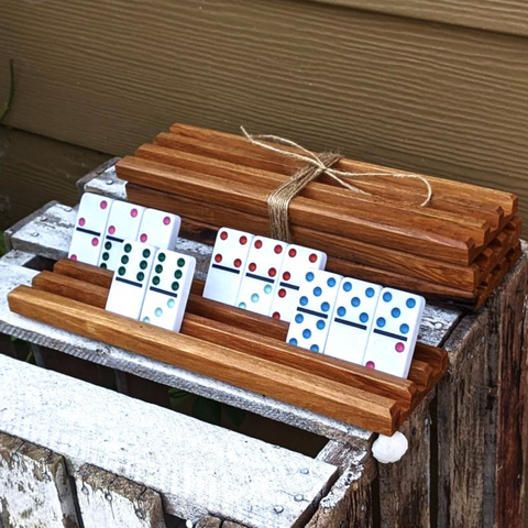 Set of TWO Hickory Wood Domino Holders with 3 Angled Domino Slots