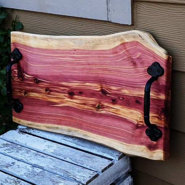 Large Red Cedar Charcuterie Board with Wrought Iron Handles & Clear Rubber Grip Feet