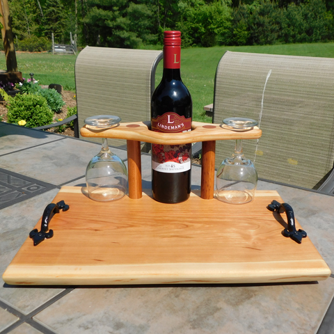 Cherry Wood Wine Charcuterie Board with Wine Glasses, Cast Iron Handles, & Clear Rubber Grip Feet