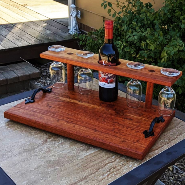 Spalted Cherry Wood Wine Charcuterie Board with Four Wine Glasses, Cast Iron Handles, & Clear Rubber Grip Feet