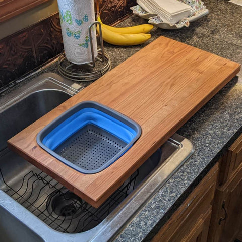 Cherry Wood Edge Grain Cutting Board with Colander and Clear Rubber Grip Feet