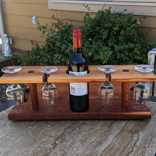Spalted Cherry Wood Wine Charcuterie Board with Four Wine Glasses, Cast Iron Handles, & Clear Rubber Grip Feet