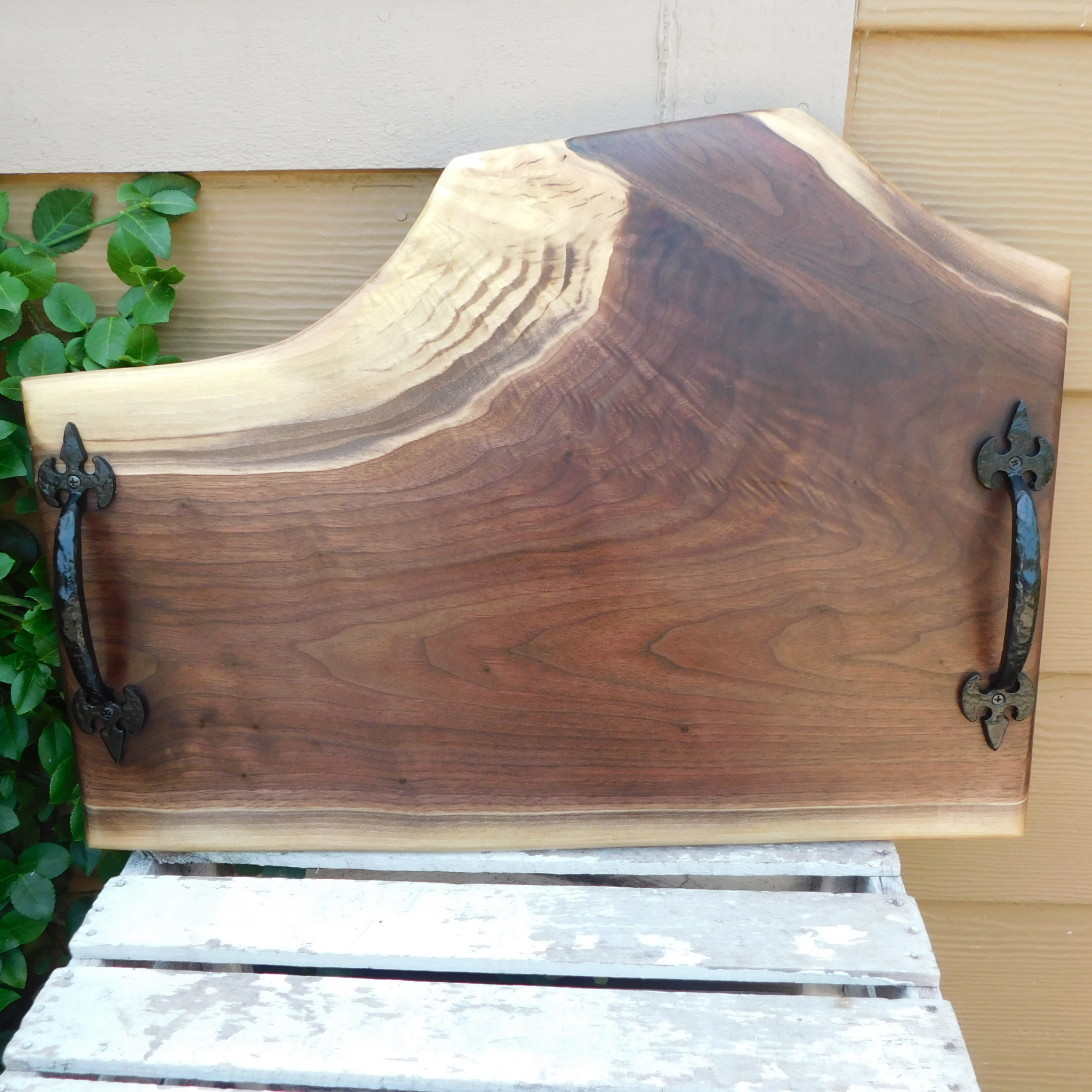 Black Walnut Charcuterie Board / Serving Tray With Heavy Duty Cast Iron Handles & Clear Rubber Feet