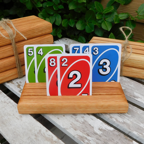 Set of FOUR Oak Hardwood Playing Card Holders with 3 Angled Card Slots