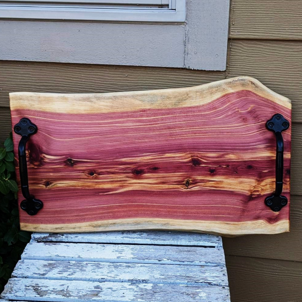 Large Red Cedar Charcuterie Board with Wrought Iron Handles & Clear Rubber Grip Feet