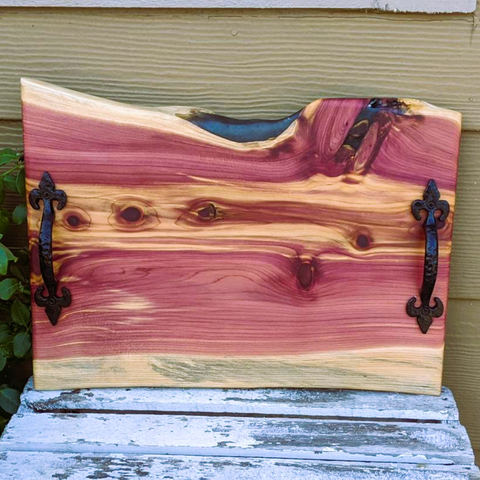 Red Cedar Charcuterie Board with Wrought Iron Handles & Clear Rubber Grip Feet