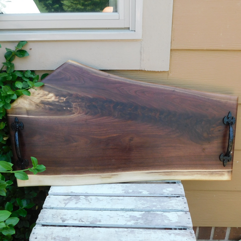 Extra Large Black Walnut Charcuterie Board / Serving Tray With Heavy Duty Cast Iron Handles & Clear Rubber Feet