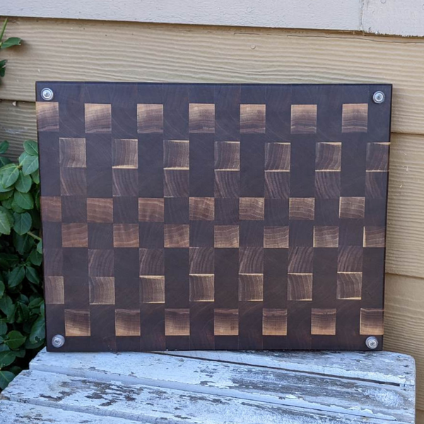 Large Black Walnut End Grain Cutting Board with Built In Handles and Clear Rubber Grip Feet