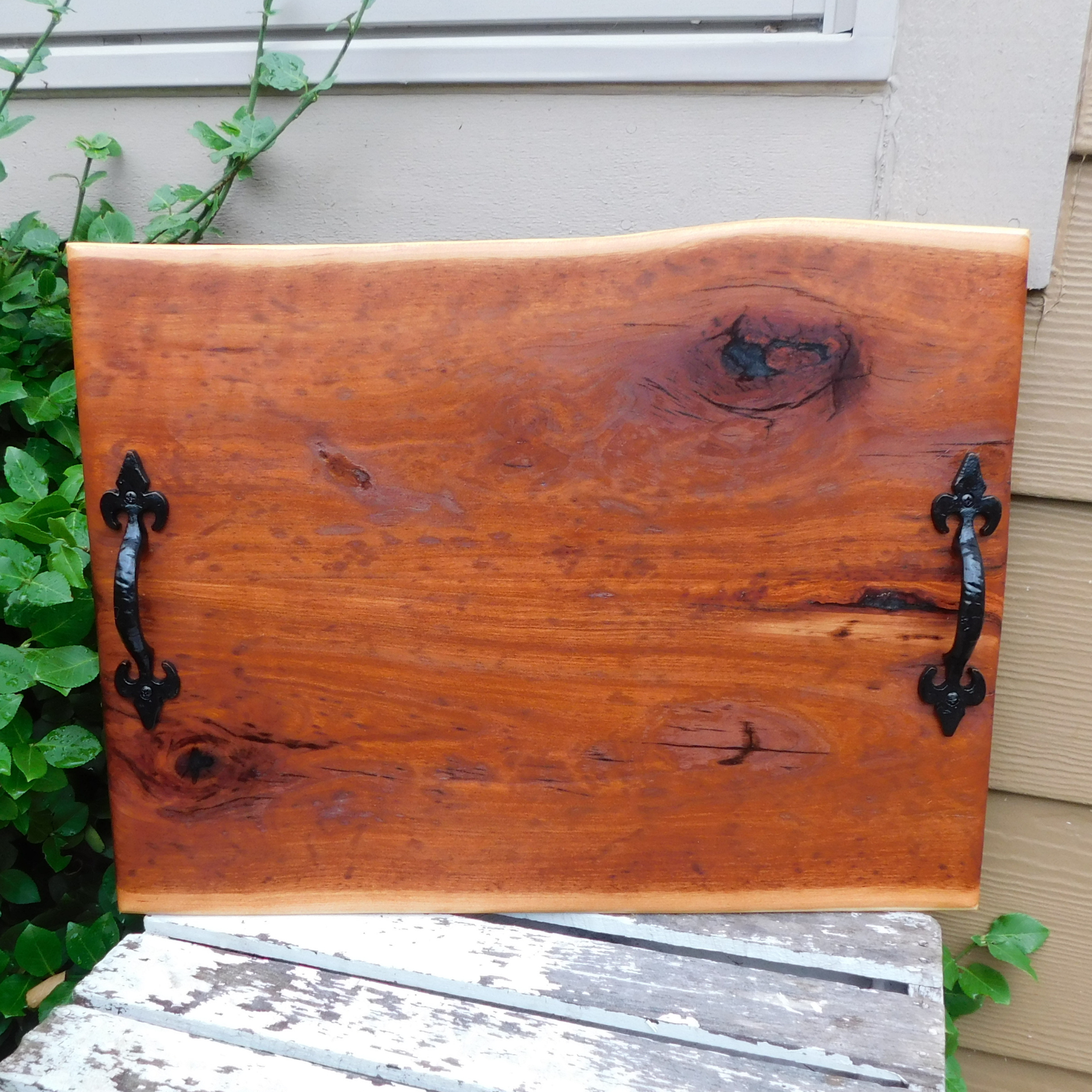 Spalted Cherry Wood Charcuterie Board with Cast Iron Handles & Clear Rubber Grip Feet