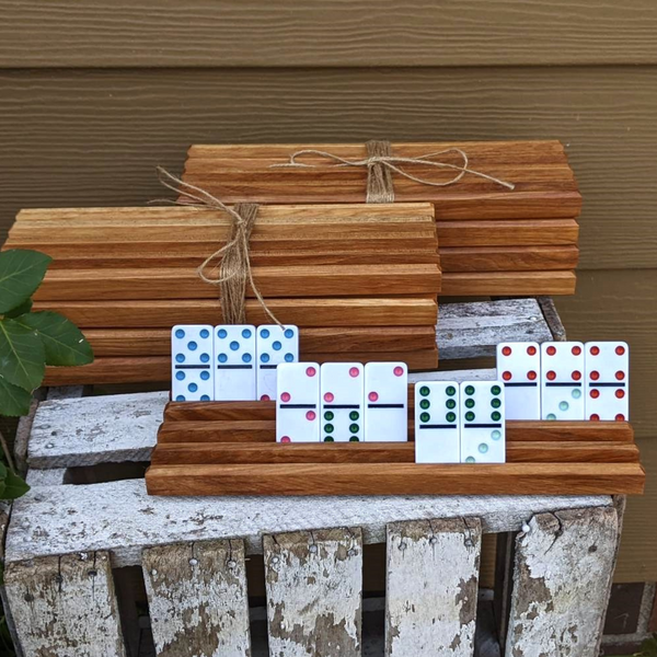 Set of FOUR Hickory Wood Domino Holders with 4 Angled Domino Slots