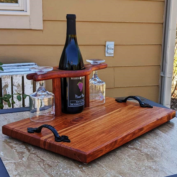 Spalted Cherry Wood Wine Charcuterie Board with Two Wine Glasses, Cast Iron Handles, & Clear Rubber Grip Feet