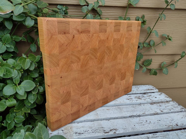 Cherry Wood End Grain Cutting Board with Clear Rubber Grip Feet & Hand Grooves on Sides