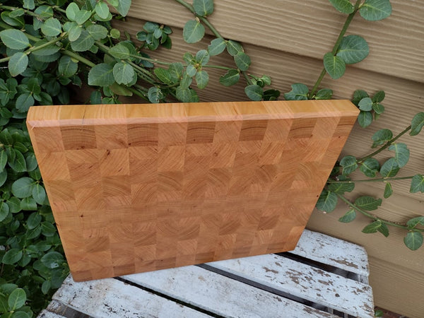 Cherry Wood End Grain Cutting Board with Clear Rubber Grip Feet & Hand Grooves on Sides