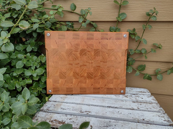 Cherry Wood End Grain Cutting Board with Clear Rubber Grip Feet & Hand Grooves on Sides