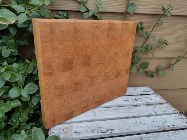 Cherry Wood End Grain Cutting Board with Clear Rubber Grip Feet & Hand Grooves on Sides