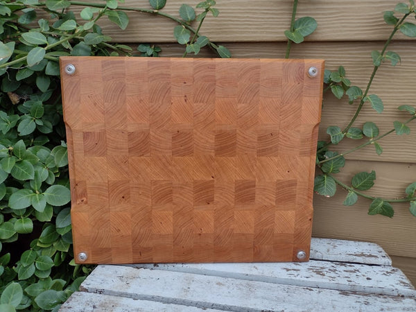 Cherry Wood End Grain Cutting Board with Clear Rubber Grip Feet & Hand Grooves on Sides