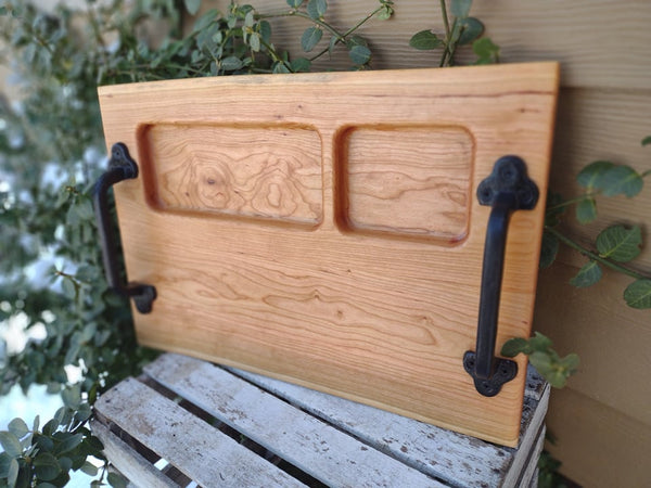 Cherry Wood Charcuterie Tray with Cast Iron Handles