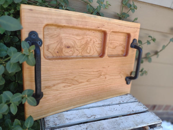 Cherry Wood Charcuterie Tray with Cast Iron Handles