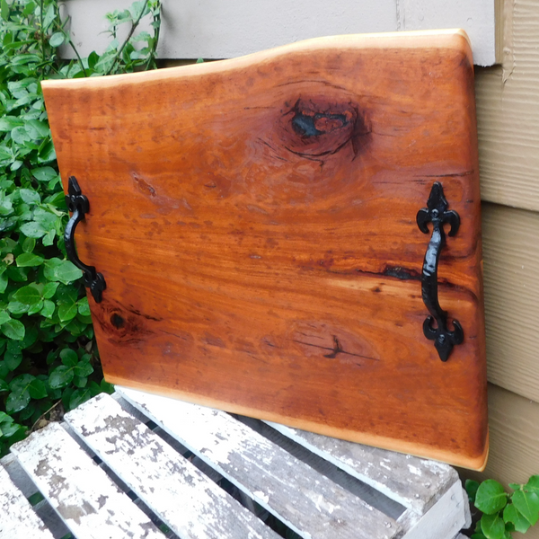 Spalted Cherry Wood Charcuterie Board with Cast Iron Handles & Clear Rubber Grip Feet