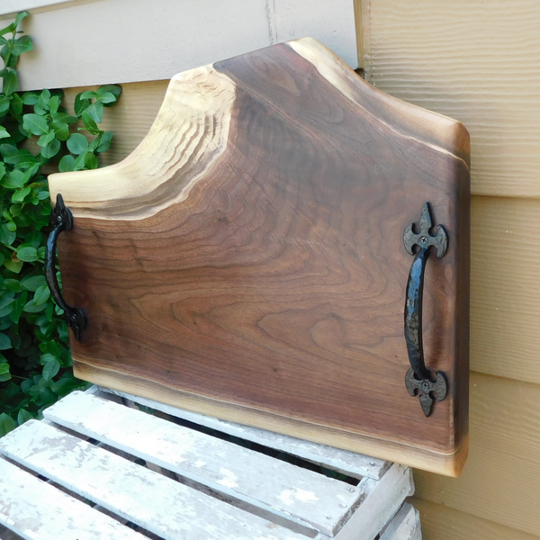 Black Walnut Charcuterie Board / Serving Tray With Heavy Duty Cast Iron Handles & Clear Rubber Feet