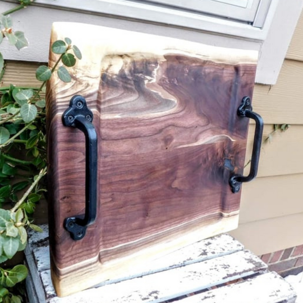 Black Walnut Charcuterie Board / Serving Tray With Heavy Duty Cast Iron Handles & Clear Rubber Feet