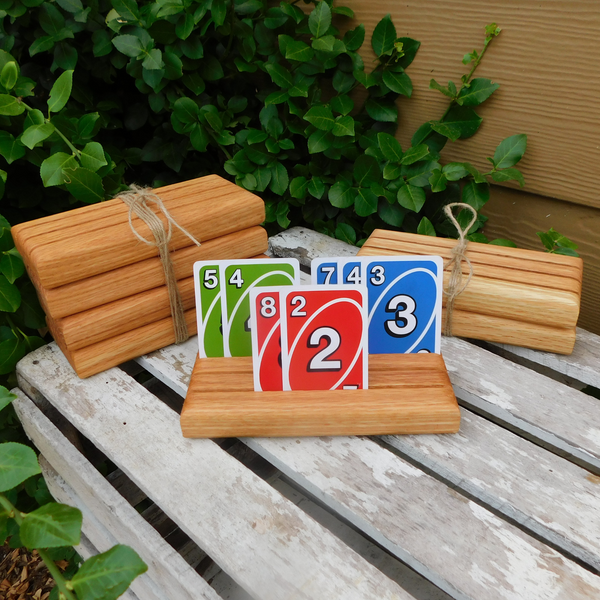 Set of TWO Oak Hardwood Playing Card Holders with 3 Angled Card Slots