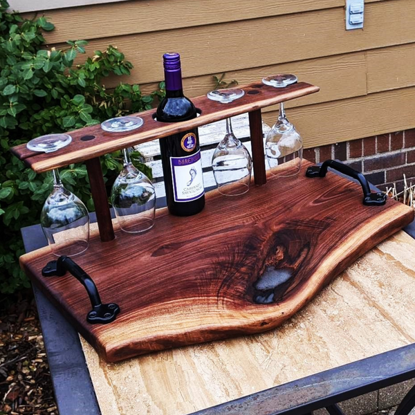 Large Black Walnut Wine Charcuterie Board with Four Wine Glasses