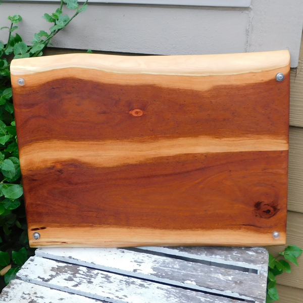 Spalted Cherry Wood Charcuterie Board with Cast Iron Handles & Clear Rubber Grip Feet