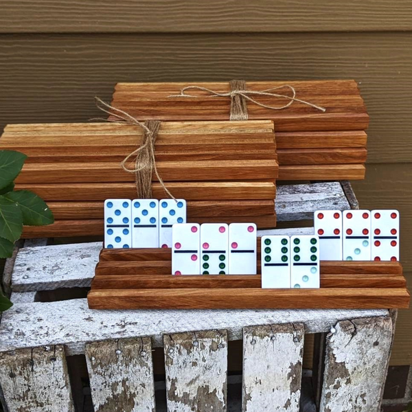 Set of FOUR Hickory Wood Domino Holders with 4 Angled Domino Slots