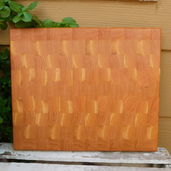 Cherry Wood End Grain Cutting Board with Hand Grooves on Sides and Beveled Edge