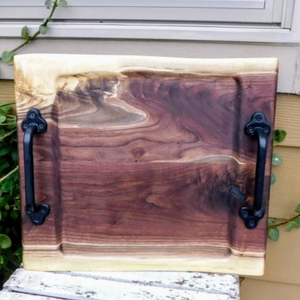 Black Walnut Charcuterie Board / Serving Tray With Heavy Duty Cast Iron Handles & Clear Rubber Feet