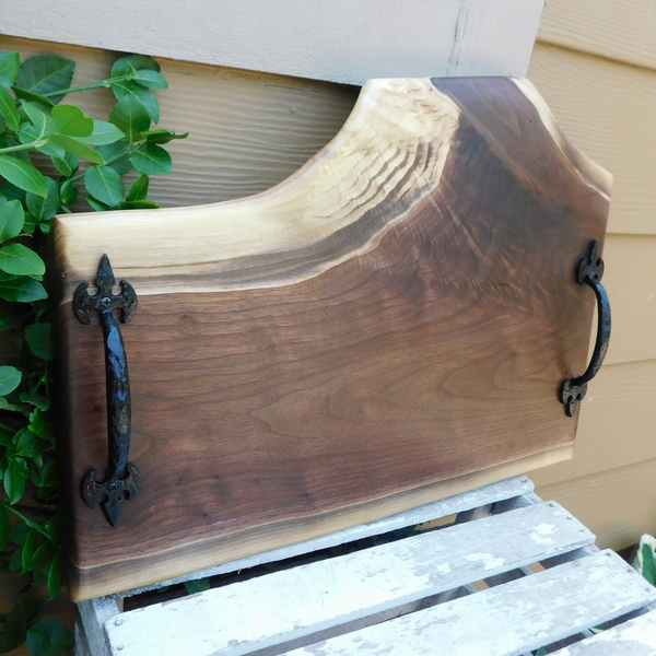 Black Walnut Charcuterie Board / Serving Tray With Heavy Duty Cast Iron Handles & Clear Rubber Feet