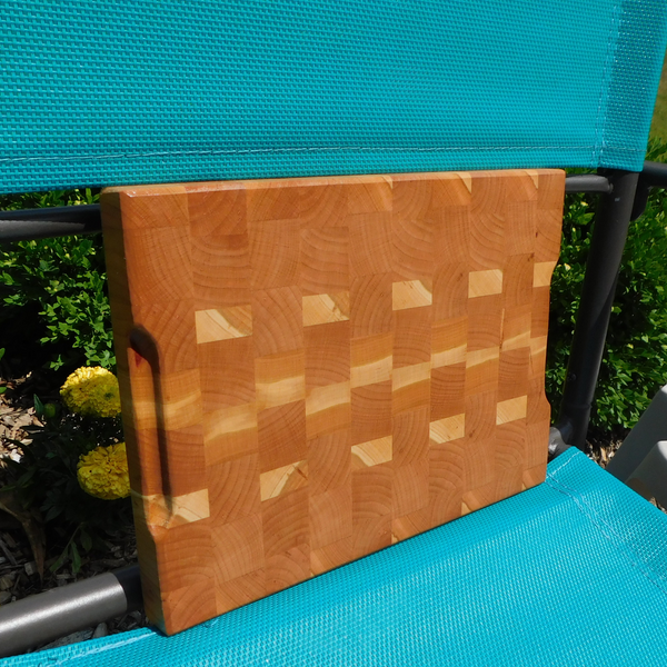 Cherry Wood End Grain Cutting Board with a Beveled Edge & Hand Grooves On Sides