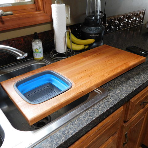 Extra Large Over The Sink Cherry Wood Edge Grain Cutting Board with Collapsible Colander and Clear Rubber Grip Feet