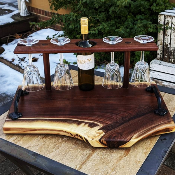 Large Black Walnut Wine Charcuterie Board with Four Wine Glasses