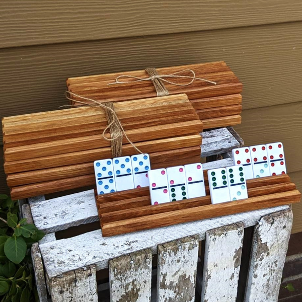 Set of FOUR Hickory Wood Domino Holders with 4 Angled Domino Slots