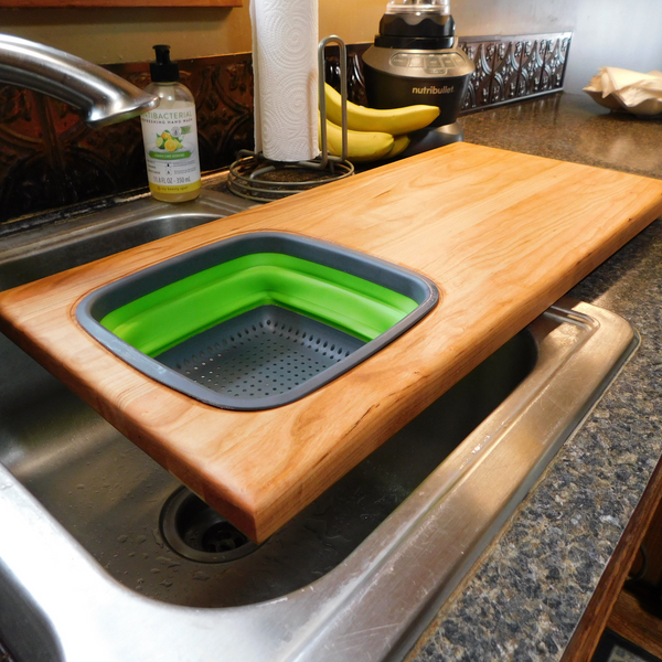 Over The Sink Cherry Wood Edge Grain Cutting Board with Collapsible Colander and Clear Rubber Grip Feet