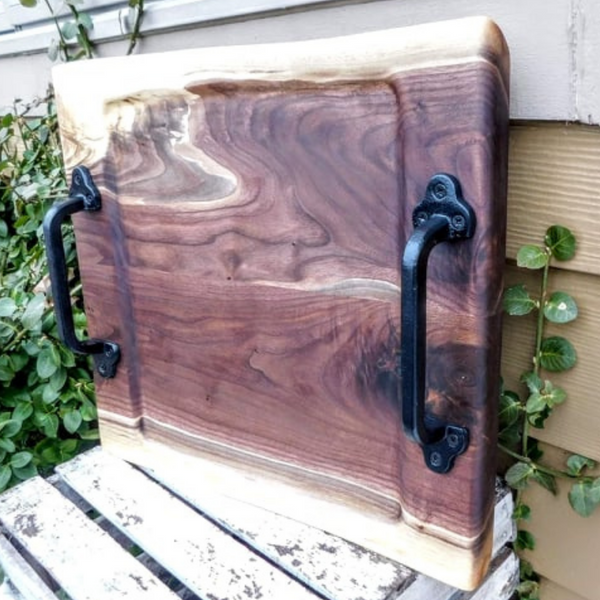 Black Walnut Charcuterie Board / Serving Tray With Heavy Duty Cast Iron Handles & Clear Rubber Feet