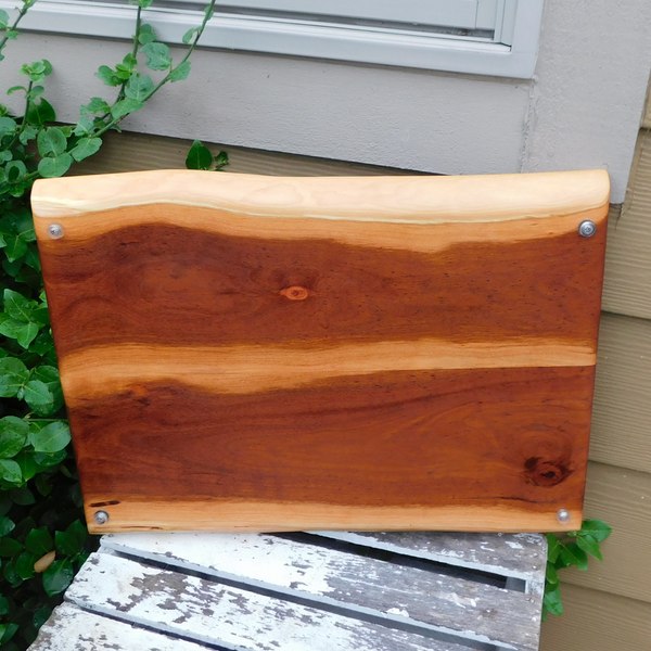 Spalted Cherry Wood Charcuterie Board with Cast Iron Handles & Clear Rubber Grip Feet