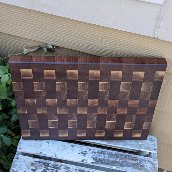 Large Black Walnut End Grain Cutting Board with Built In Handles and Clear Rubber Grip Feet