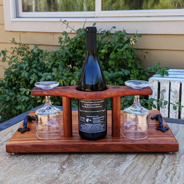 Spalted Cherry Wood Wine Charcuterie Board with Two Wine Glasses, Cast Iron Handles, & Clear Rubber Grip Feet