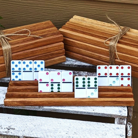 Set of FOUR Hickory Wood Domino Holders with 4 Angled Domino Slots
