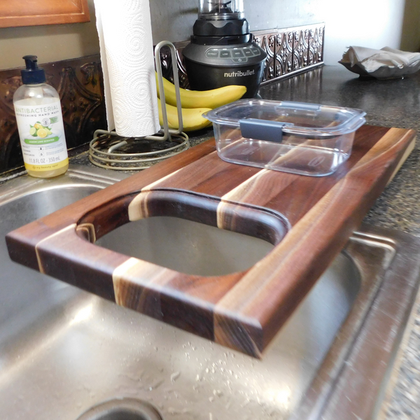 Over The Counter Black Walnut Edge Grain Cutting Board with Tupperware Insert & Clear Rubber Grip Feet