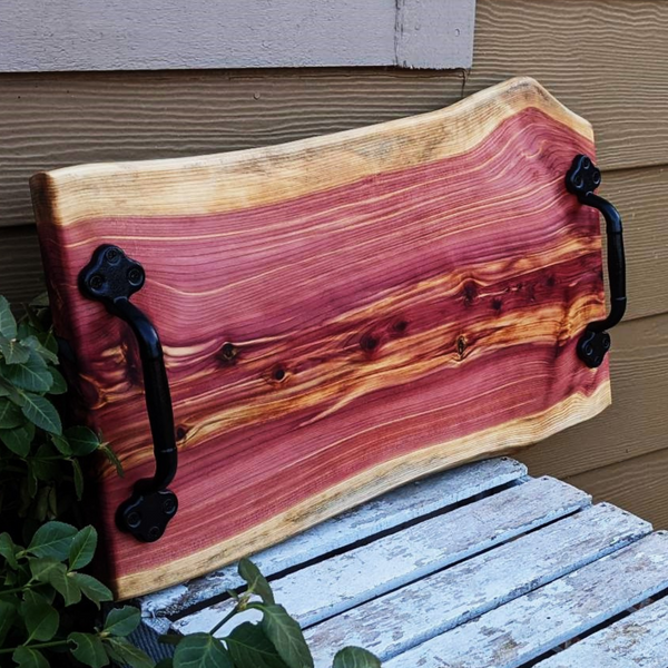 Large Red Cedar Charcuterie Board with Wrought Iron Handles & Clear Rubber Grip Feet