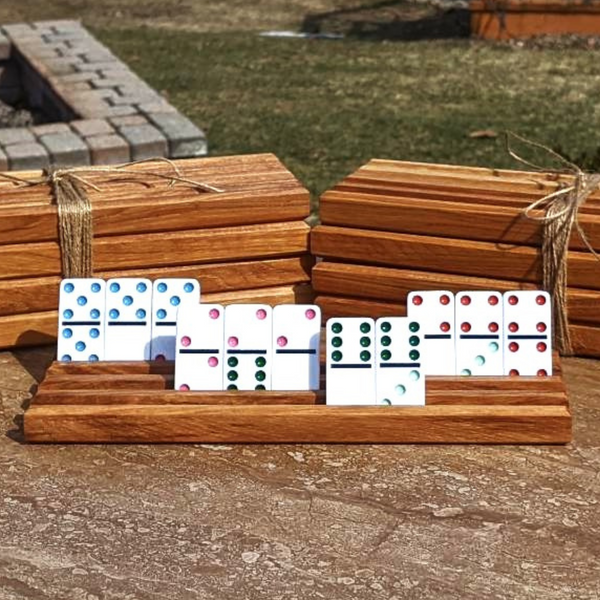 Set of TWO Hickory Wood Domino Holders with 4 Angled Domino Slots