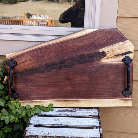 Extra Large Black Walnut Charcuterie Board / Serving Tray With Heavy Duty Cast Iron Handles & Clear Rubber Feet